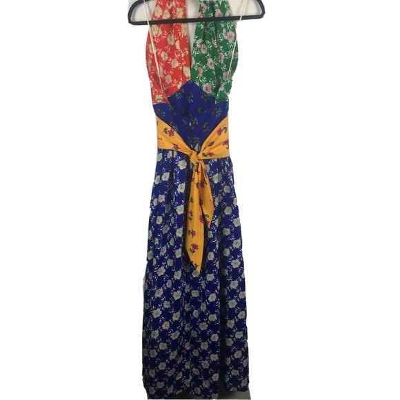 Womens Maxi Dress Size 5 Floral Halter Color Block Long VTG Youth guild - Picture 4 of 8